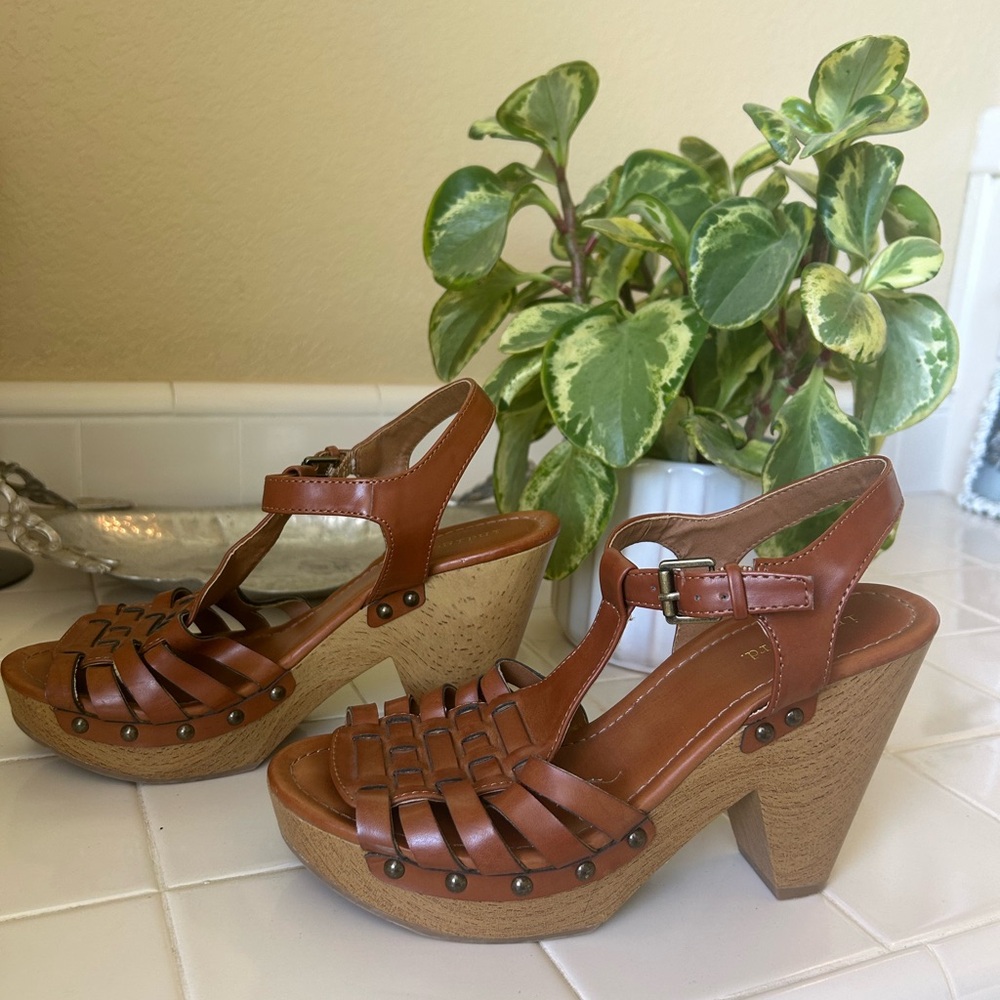 Brown Platform Sandals with Chunky Wooden Heel